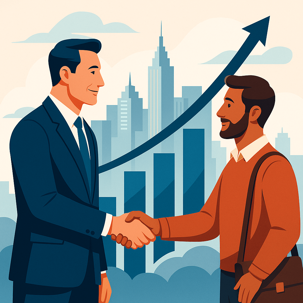 DALL-E illustration: broker and small investor handshake, upward graph, city skyline